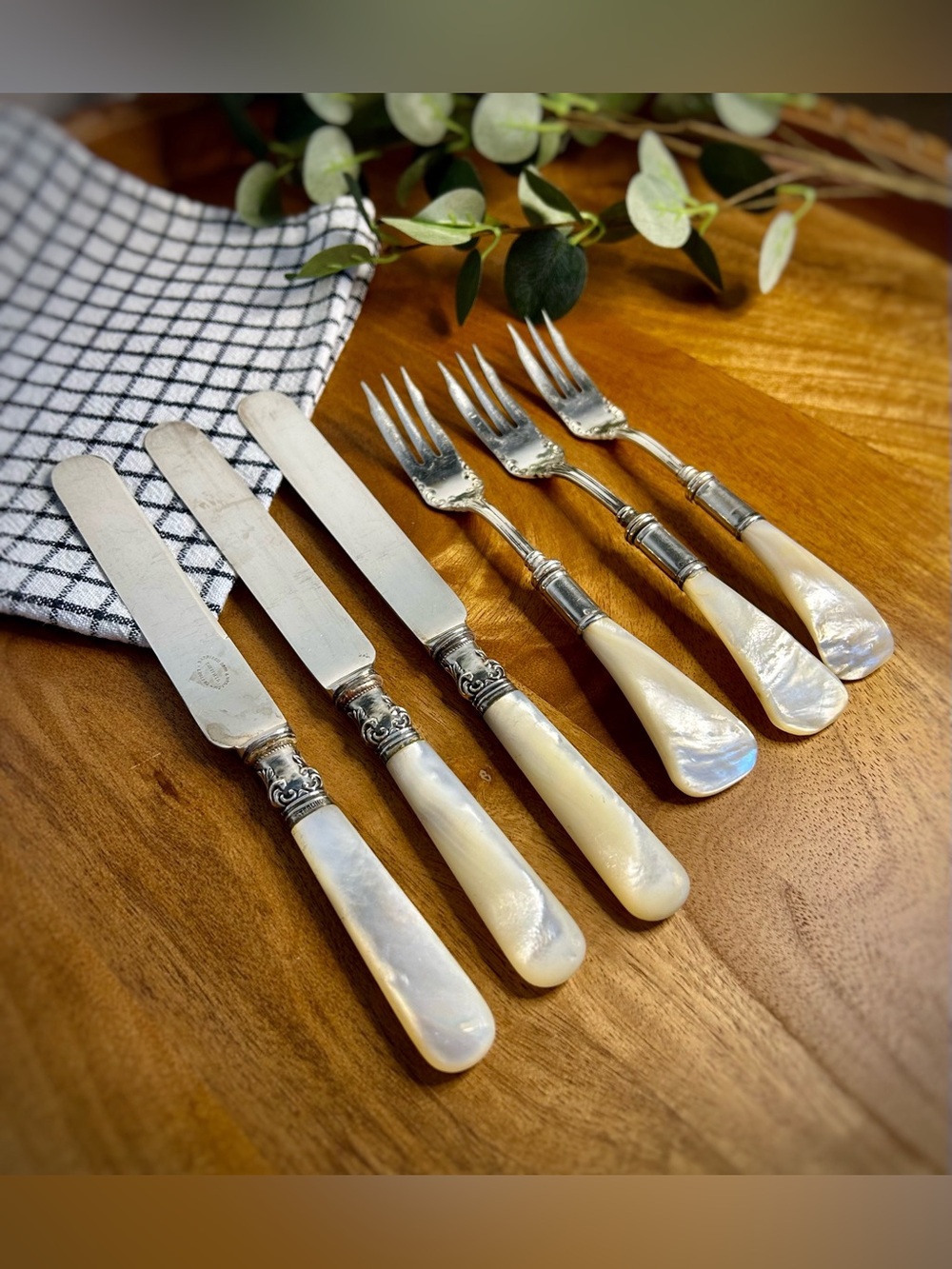 Antique Mother of Pearl Dessert Set | Sterling Silver Sheffield Knives Forks